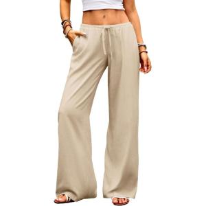 ELLEVEN Womens Low Rise Wide Leg Linen Pants, Baggy Lightweight Flowy Palazzo Trousers Summer Beach Vacation Clothes(Beige)