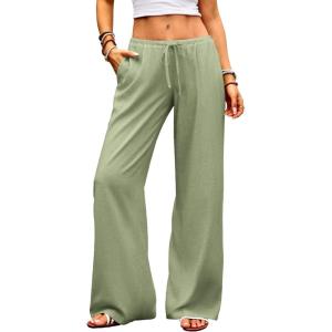 ELLEVEN Womens Low Rise Wide Leg Linen Pants, Baggy Lightweight Flowy Palazzo Trousers Summer Beach Vacation Clothes(Green)