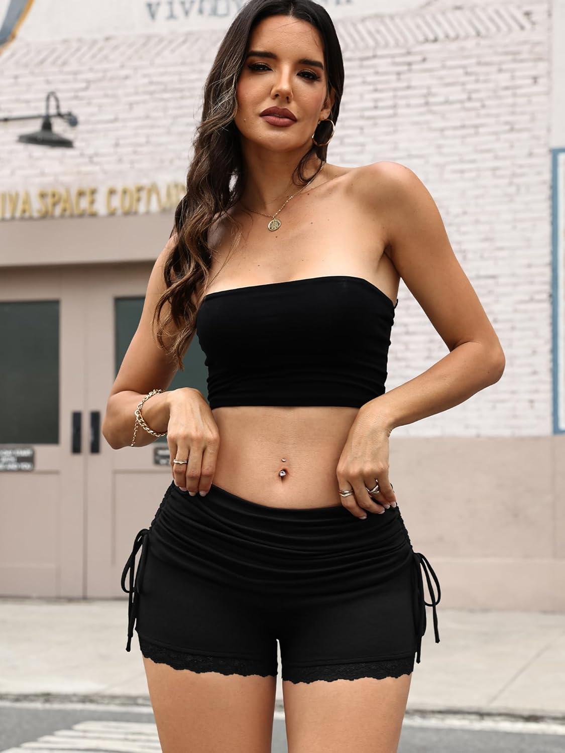 image:imageELLEVEN Low Rise Lace Mini Booty Shorts for Women Fold Over Y2K Ruched Casual Stretchy Ruffle Micro ShortsBlack