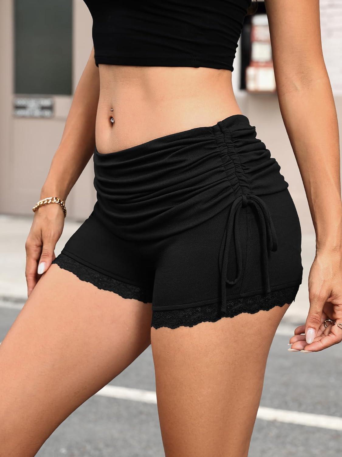 image:imageELLEVEN Low Rise Lace Mini Booty Shorts for Women Fold Over Y2K Ruched Casual Stretchy Ruffle Micro ShortsBlack