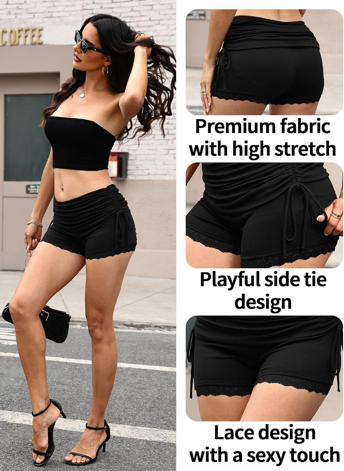image:imageELLEVEN Low Rise Lace Mini Booty Shorts for Women Fold Over Y2K Ruched Casual Stretchy Ruffle Micro ShortsBlack