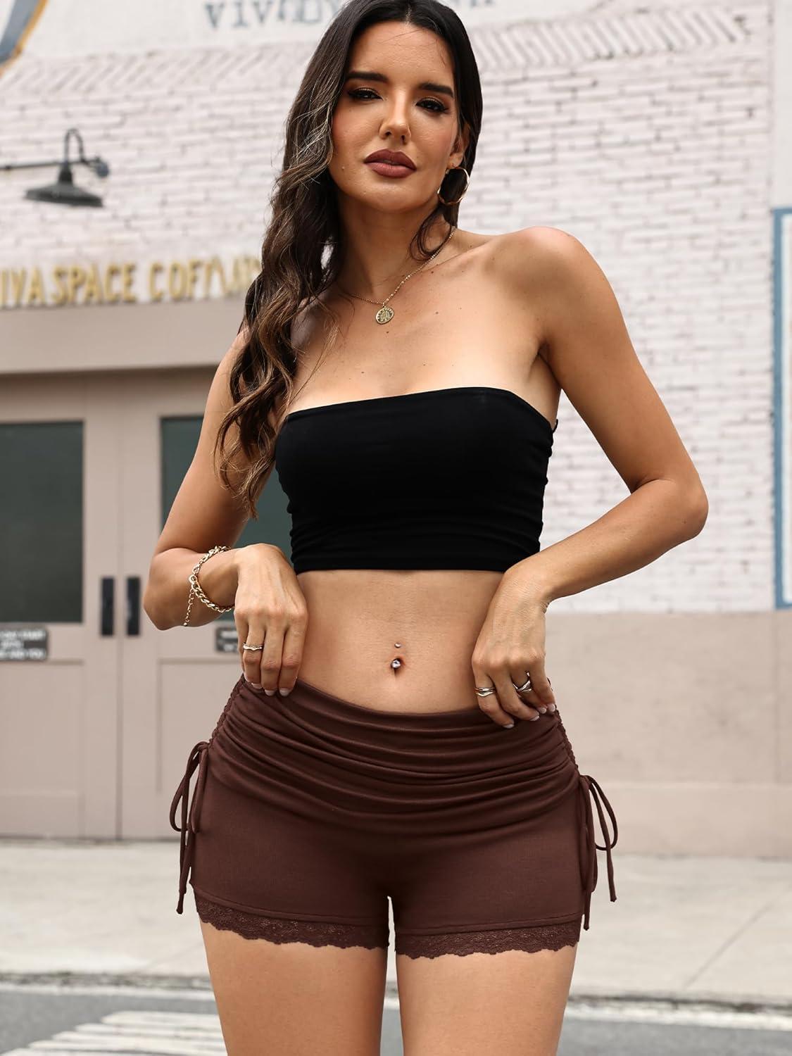 image:imageELLEVEN Low Rise Lace Mini Booty Shorts for Women Fold Over Y2K Ruched Casual Stretchy Ruffle Micro ShortsBrown