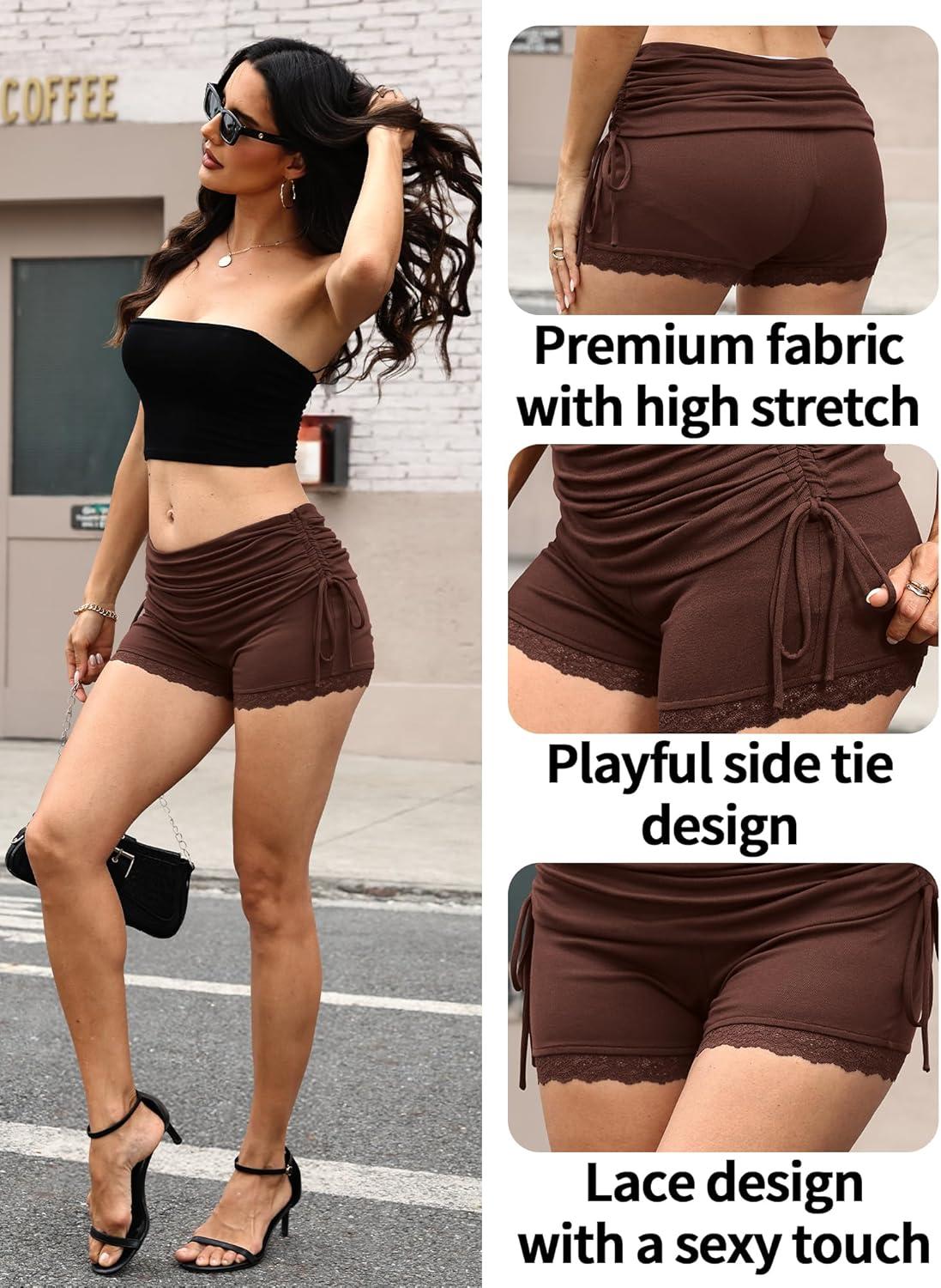 image:imageELLEVEN Low Rise Lace Mini Booty Shorts for Women Fold Over Y2K Ruched Casual Stretchy Ruffle Micro ShortsBrown