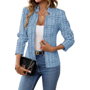 ELLEVEN Womens’ Tweed Open Front Blazer Long Sleeve Jacket Notch Collar Fully Lined Casual Business Work Office Coat(Blue)