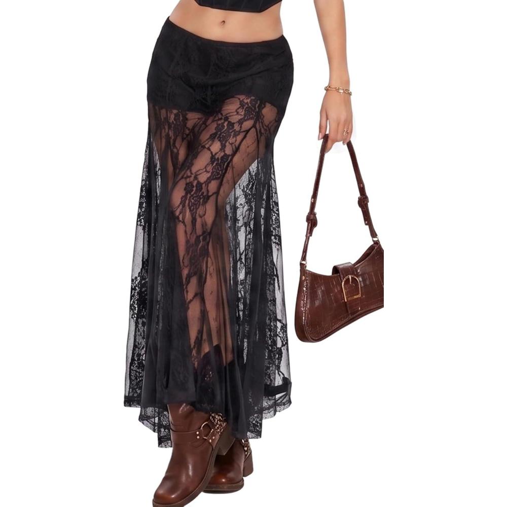 image:imageELLEVEN Womens Lace Sheer Maxi Skirt High Waisted ALine Sexy Flowy Skirt with Builtin ShortsBlack