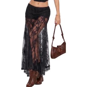ELLEVEN Women’s Lace Sheer Maxi Skirt, High Waisted A-Line Sexy Flowy Skirt with Built-in Shorts(Black)