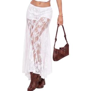 ELLEVEN Women’s Lace Sheer Maxi Skirt, High Waisted A-Line Sexy Flowy Skirt with Built-in Shorts(White)