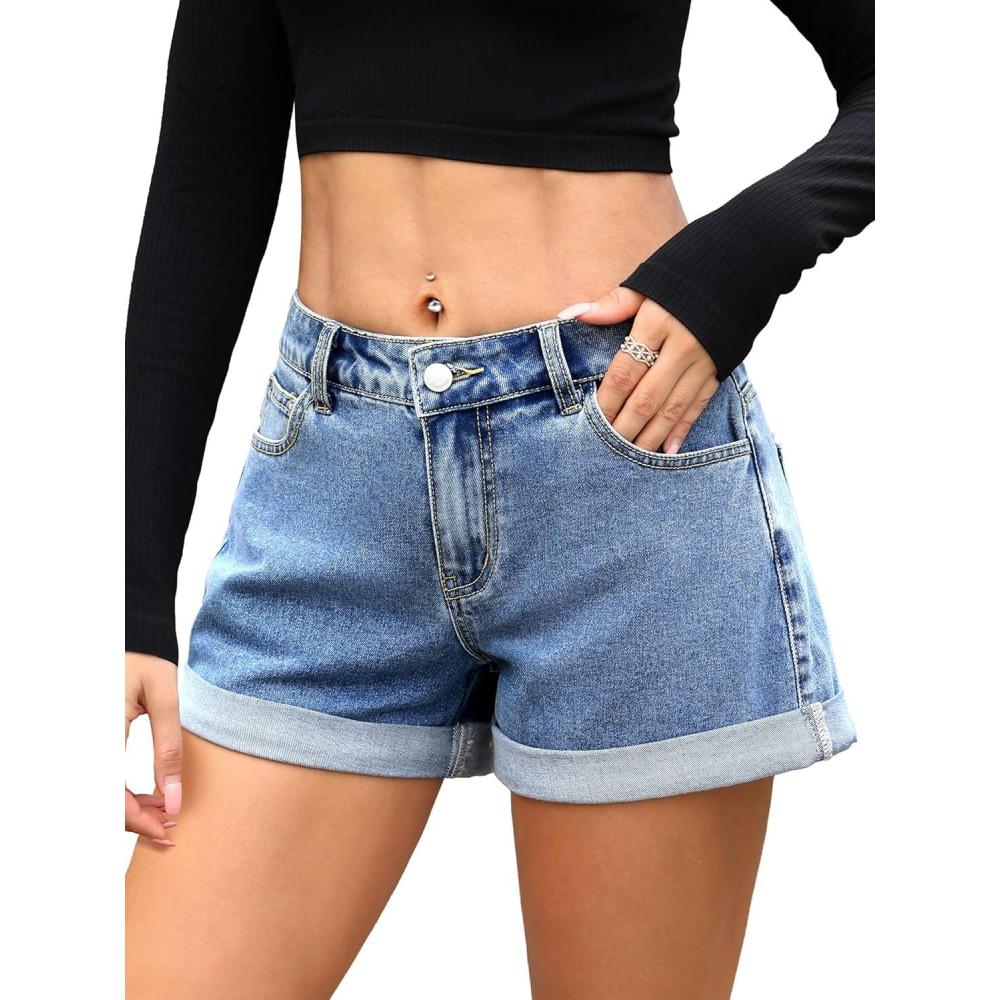 image:imageELLEVEN Womens Baggy Denim Shorts Stretchy Cuffed Hem Casual Summer Mini Shorts Loose Fit Jorts with PocketsBlue Denim