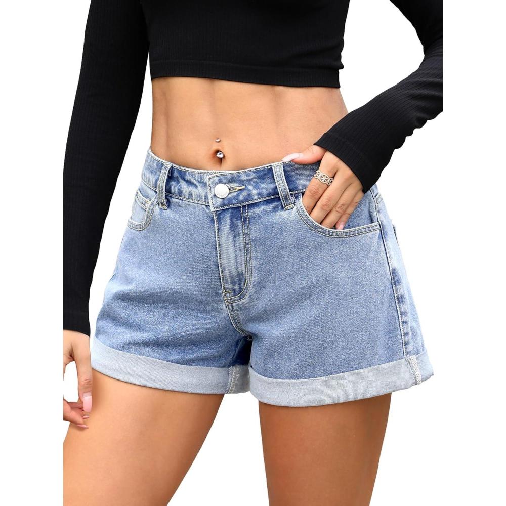 image:imageELLEVEN Womens Baggy Denim Shorts Stretchy Cuffed Hem Casual Summer Mini Shorts Loose Fit Jorts with PocketsLight Blue Denim