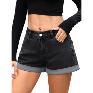 ELLEVEN Women’s Baggy Denim Shorts, Stretchy Cuffed Hem Casual Summer Mini Shorts Loose Fit Jorts with Pockets(Black Denim)