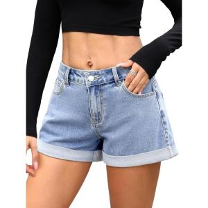 ELLEVEN Women’s Baggy Denim Shorts, Stretchy Cuffed Hem Casual Summer Mini Shorts Loose Fit Jorts with Pockets(Light Blue Denim)