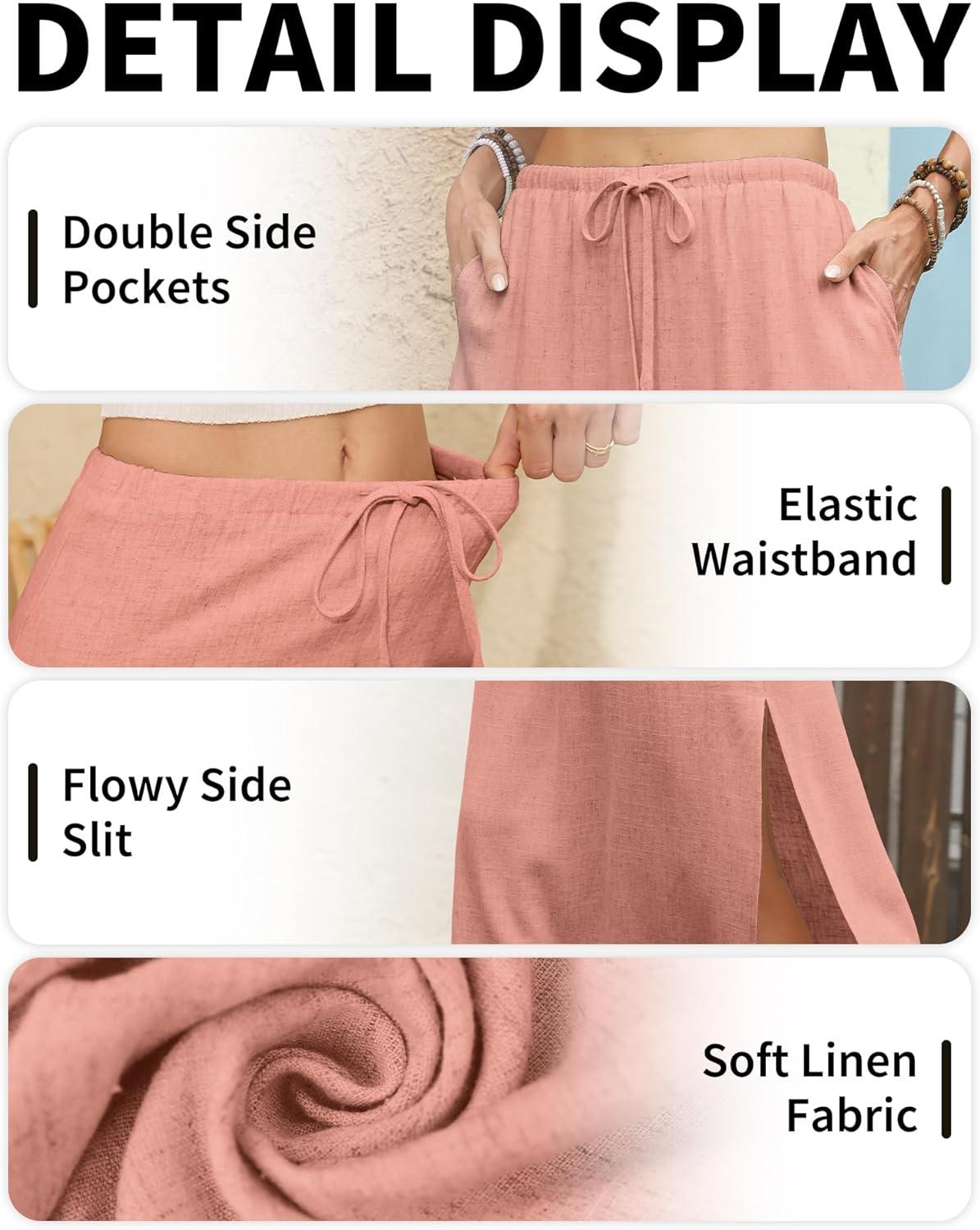 image:imageELLEVEN Linen Straight Maxi Skirt with Side Slit Elastic Waist Drawstring Long Flowy AnkleLength Skirt with PocketsDusty Rose