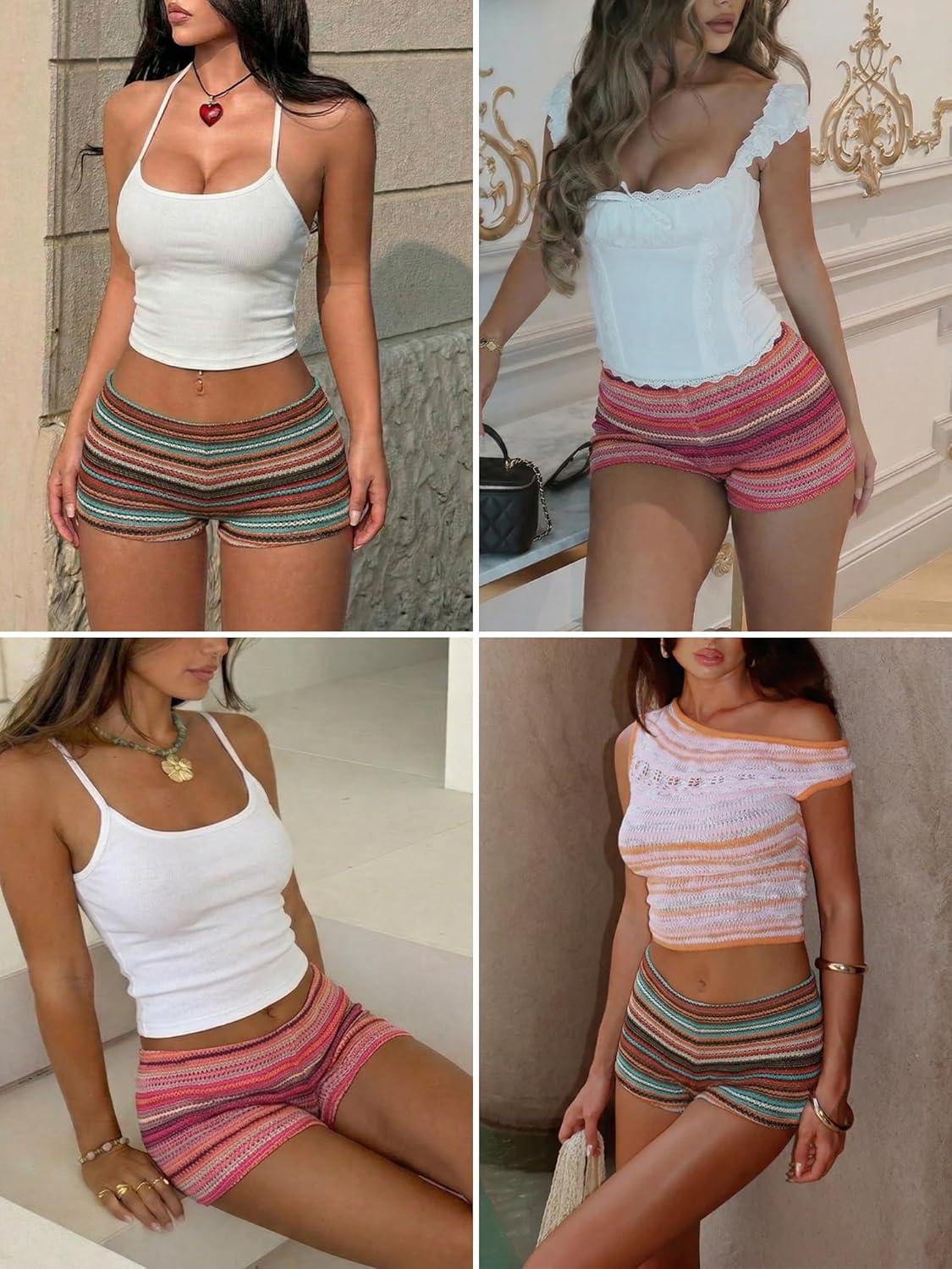 image:imageELLEVEN Womens Crochet Striped Shorts Elastic Micro Shorts Y2k Going Out Bottoms Sexy Summer OutfitsPink Striped
