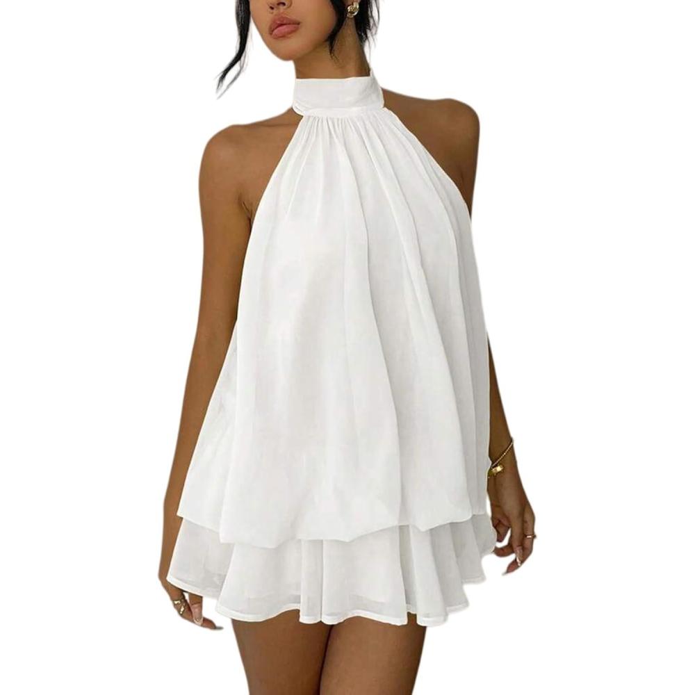 image:imageELLEVEN Womens Backless Halter Mini Dress Chiffon Summer Party Dress with Builtin Shorts for Night Out and Casual WearWhite