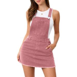 ELLEVEN Denim Overalls Mini Dress for Women, High Stretchy Adjustable Strap Jean Rompers with Pockets(Pink)