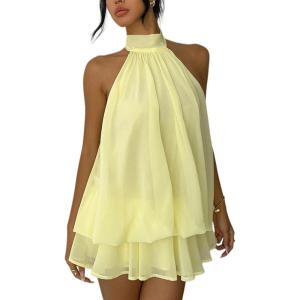 ELLEVEN Women’s Backless Halter Mini Dress, Chiffon Summer Party Dress with Built-in Shorts for Night Out and Casual Wear(Yellow)