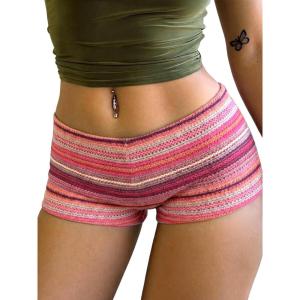 ELLEVEN Women’s Crochet Striped Shorts Elastic Micro Shorts Y2k Going Out Bottoms Sexy Summer Outfits(Pink Striped)