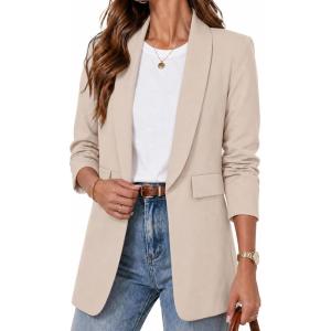 ELLEVEN Women’s Open Front Ruched 3/4 Sleeve Blazer,Lightweight Bussiness Casual Elagant Spring Suits Jackets(Beige)