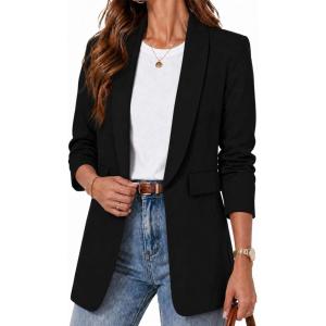 ELLEVEN Women’s Open Front Ruched 3/4 Sleeve Blazer,Lightweight Bussiness Casual Elagant Spring Suits Jackets(Black)