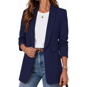 ELLEVEN Women’s Open Front Ruched 3/4 Sleeve Blazer,Lightweight Bussiness Casual Elagant Spring Suits Jackets(Navy Blue)