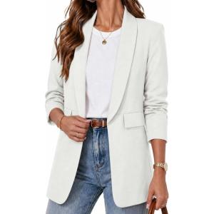 ELLEVEN Women’s Open Front Ruched 3/4 Sleeve Blazer,Lightweight Bussiness Casual Elagant Spring Suits Jackets(White)