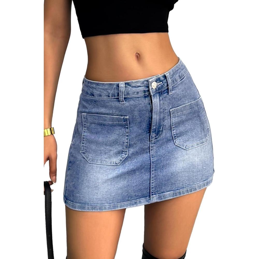 image:imageELLEVEN Denim Mini Skirt for Women High Waisted High Stretchy Casual Summer Cute Jean SkirtsBlue Denim