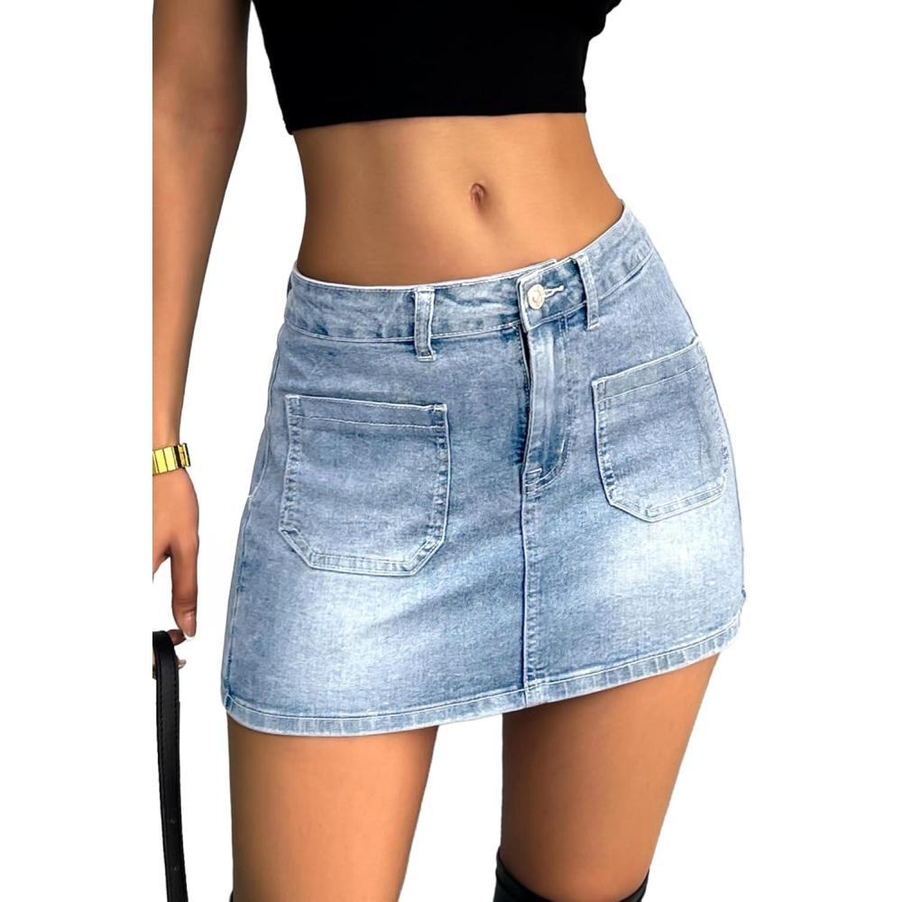 image:imageELLEVEN Denim Mini Skirt for Women High Waisted High Stretchy Casual Summer Cute Jean SkirtsLight Blue Denim