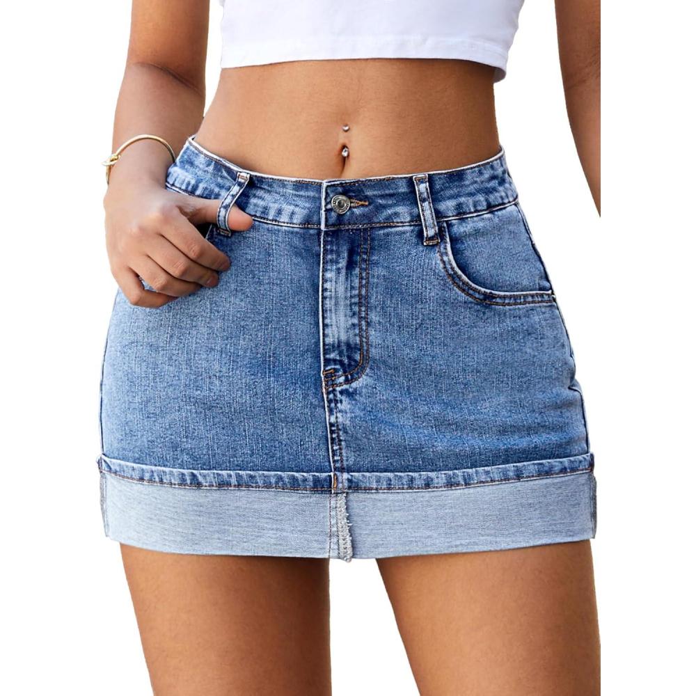 image:imageELLEVEN High Stretchy Mini Denim Skirts with Shorts UnderneathCuffed Hem Fitted Jean Skirt Mid Waist Summer SkortsBlue Denim
