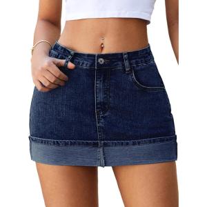 ELLEVEN High Stretchy Mini Denim Skirts with Shorts Underneath,Cuffed Hem Fitted Jean Skirt Mid Waist Summer Skorts(Dark Blue Denim)