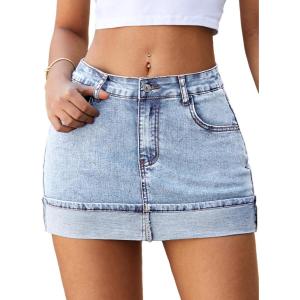 ELLEVEN High Stretchy Mini Denim Skirts with Shorts Underneath,Cuffed Hem Fitted Jean Skirt Mid Waist Summer Skorts(Light Blue Denim)