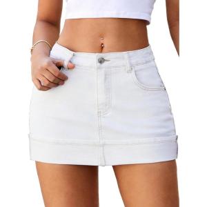 ELLEVEN High Stretchy Mini Denim Skirts with Shorts Underneath,Cuffed Hem Fitted Jean Skirt Mid Waist Summer Skorts(White)