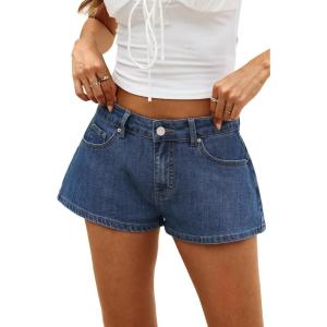 ELLEVEN Baggy Jean Shorts – Low Rise & A-line High Stretchy Mini Denim Shorts with Leather Patch Casual Loose Fit Chic Jorts(Blue)