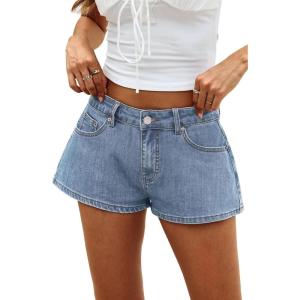ELLEVEN Baggy Jean Shorts – Low Rise & A-line High Stretchy Mini Denim Shorts with Leather Patch Casual Loose Fit Chic Jorts(Light Blue)