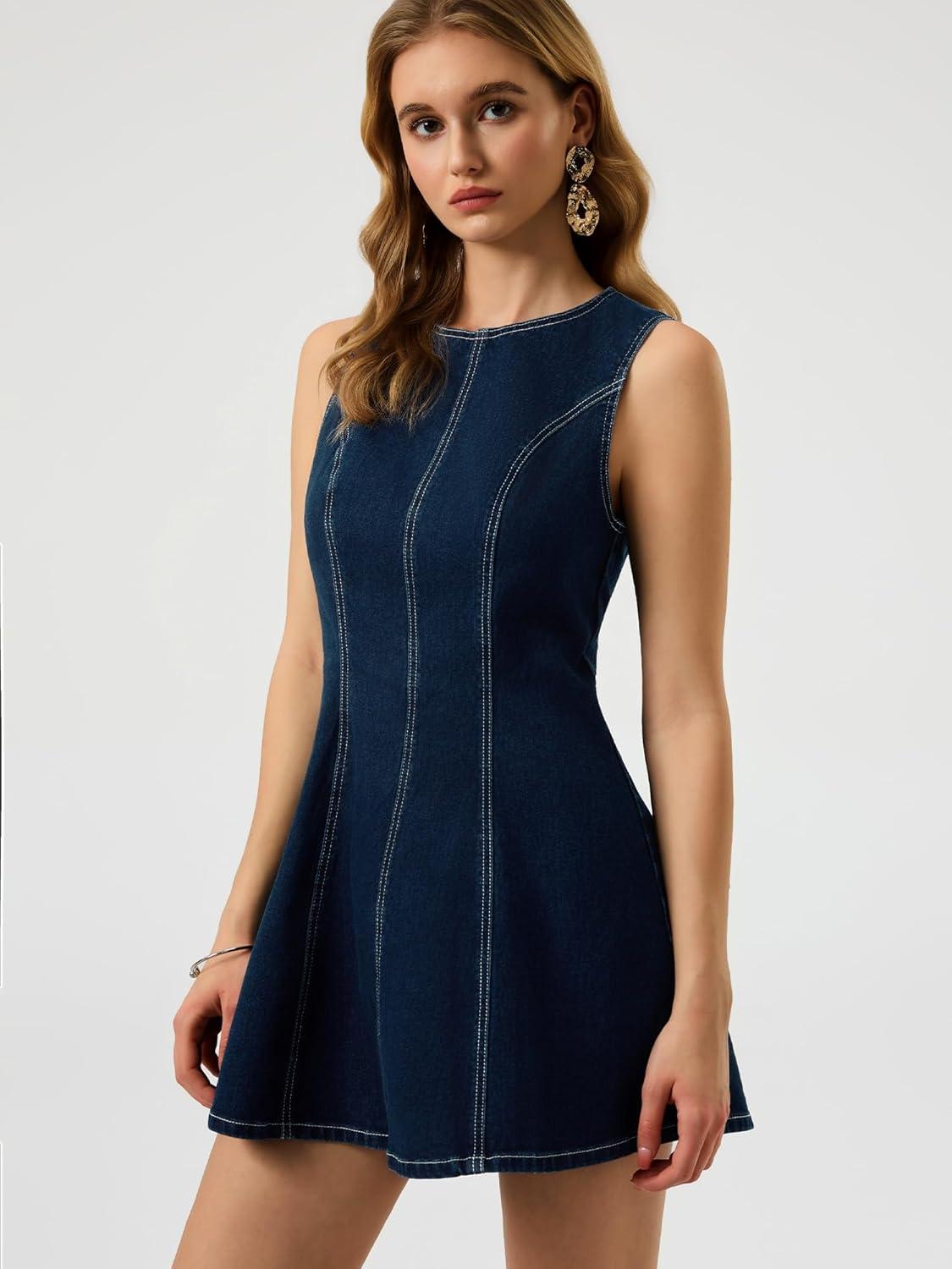 image:imageELLEVEN High Stretchy A Line Backless Denim Dress Bow Tie Open Back Sleeveless Going Out Tank Jean Casual Y2k DressesDark Blue