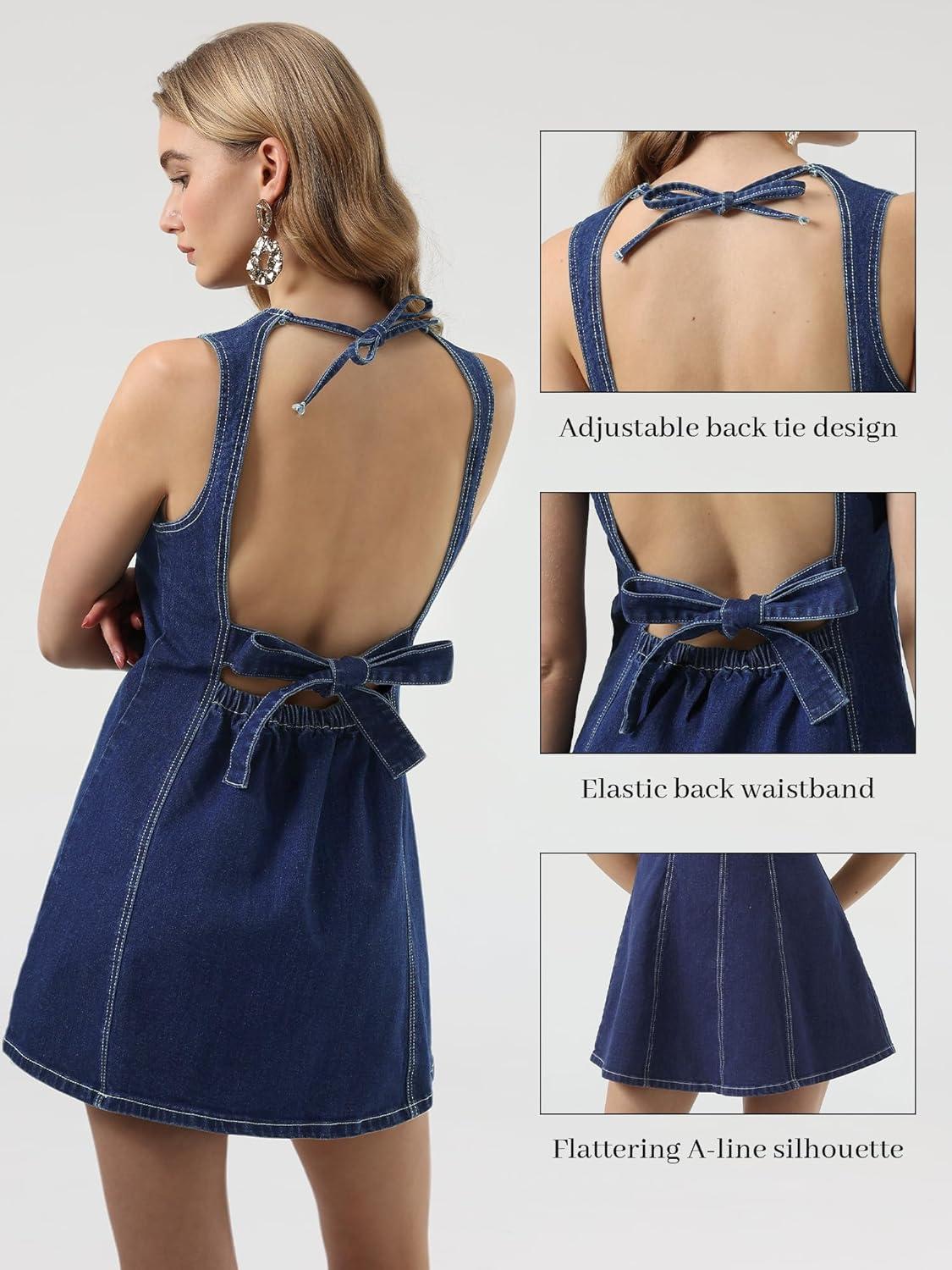 image:imageELLEVEN High Stretchy A Line Backless Denim Dress Bow Tie Open Back Sleeveless Going Out Tank Jean Casual Y2k DressesDark Blue