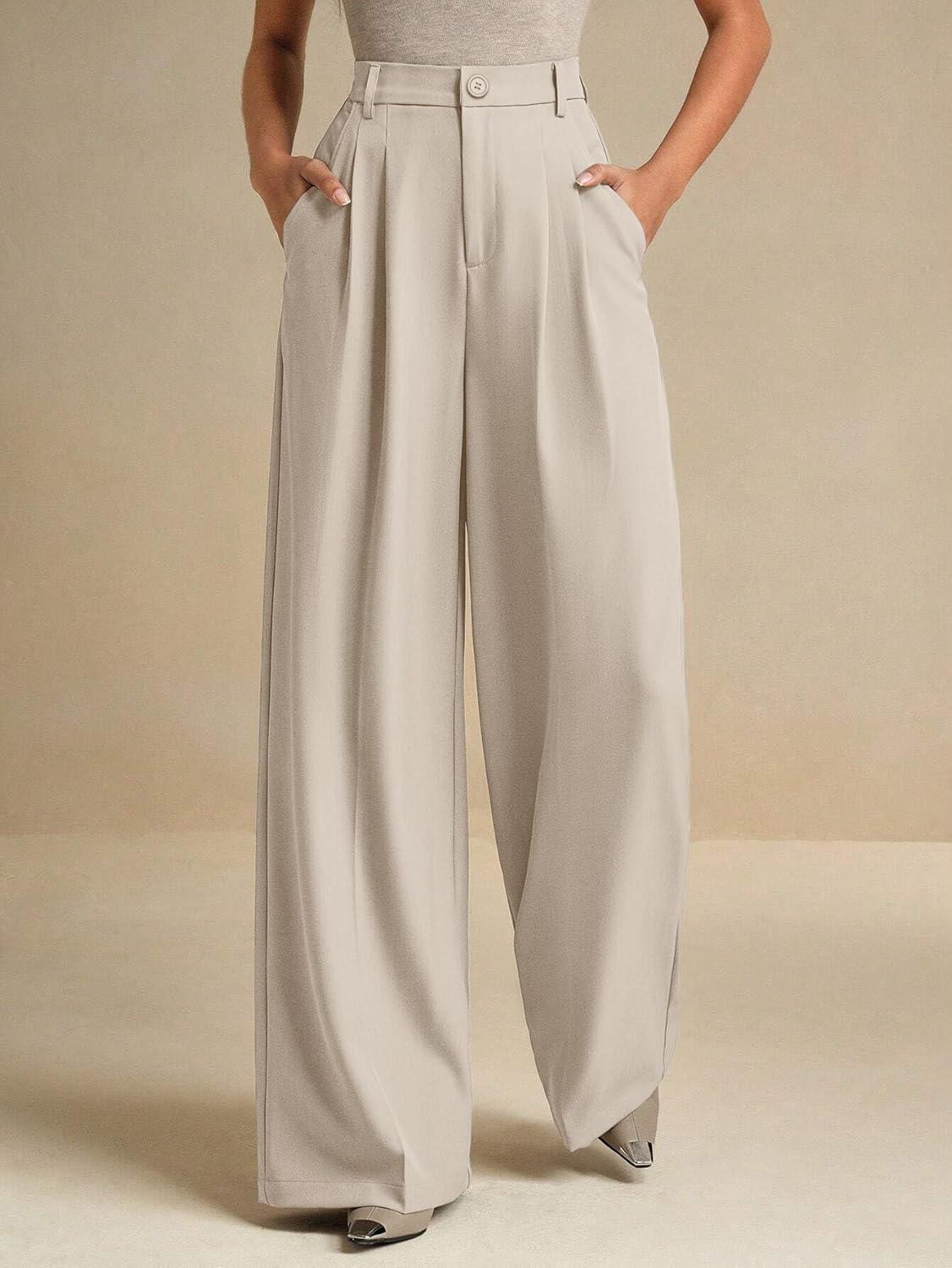 image:imageELLEVEN Womens Business Casual Wide Leg Dress Pants High Elastic Waisted Trousers with PocketsApricot
