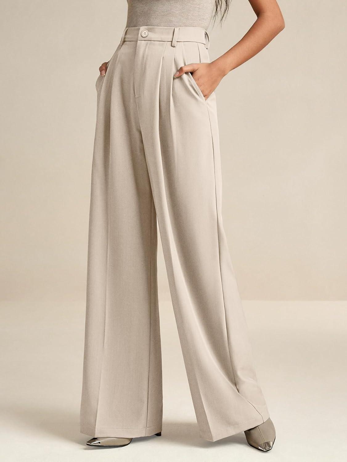 image:imageELLEVEN Womens Business Casual Wide Leg Dress Pants High Elastic Waisted Trousers with PocketsApricot