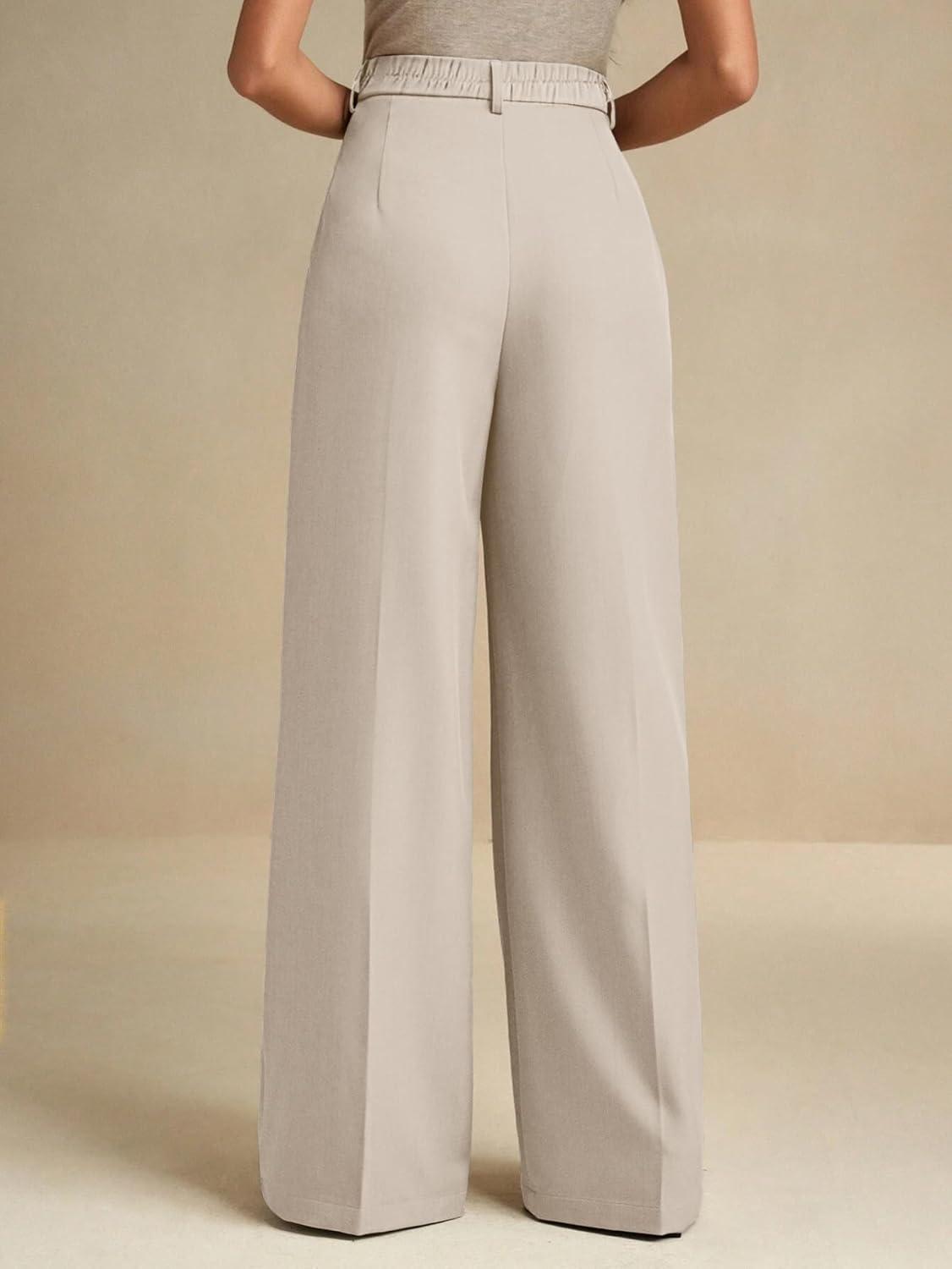 image:imageELLEVEN Womens Business Casual Wide Leg Dress Pants High Elastic Waisted Trousers with PocketsApricot