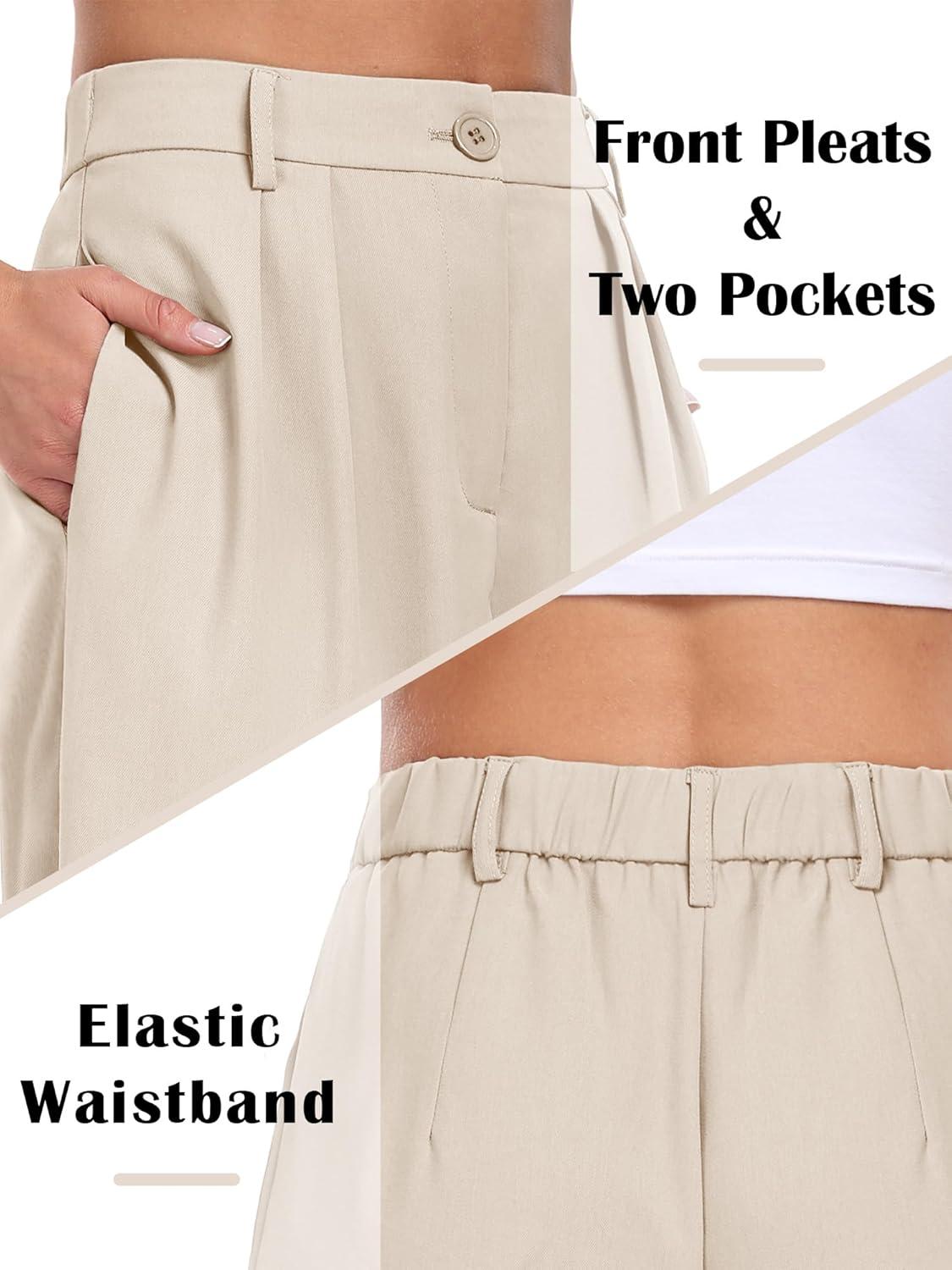 image:imageELLEVEN Womens Business Casual Wide Leg Dress Pants High Elastic Waisted Trousers with PocketsApricot