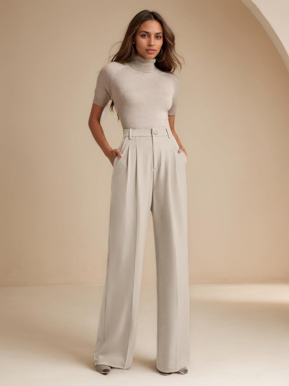 image:imageELLEVEN Womens Business Casual Wide Leg Dress Pants High Elastic Waisted Trousers with PocketsApricot