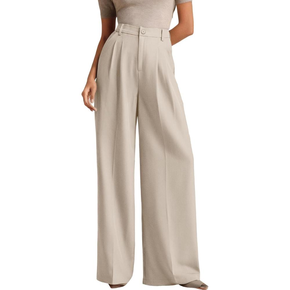 image:imageELLEVEN Womens Business Casual Wide Leg Dress Pants High Elastic Waisted Trousers with PocketsApricot
