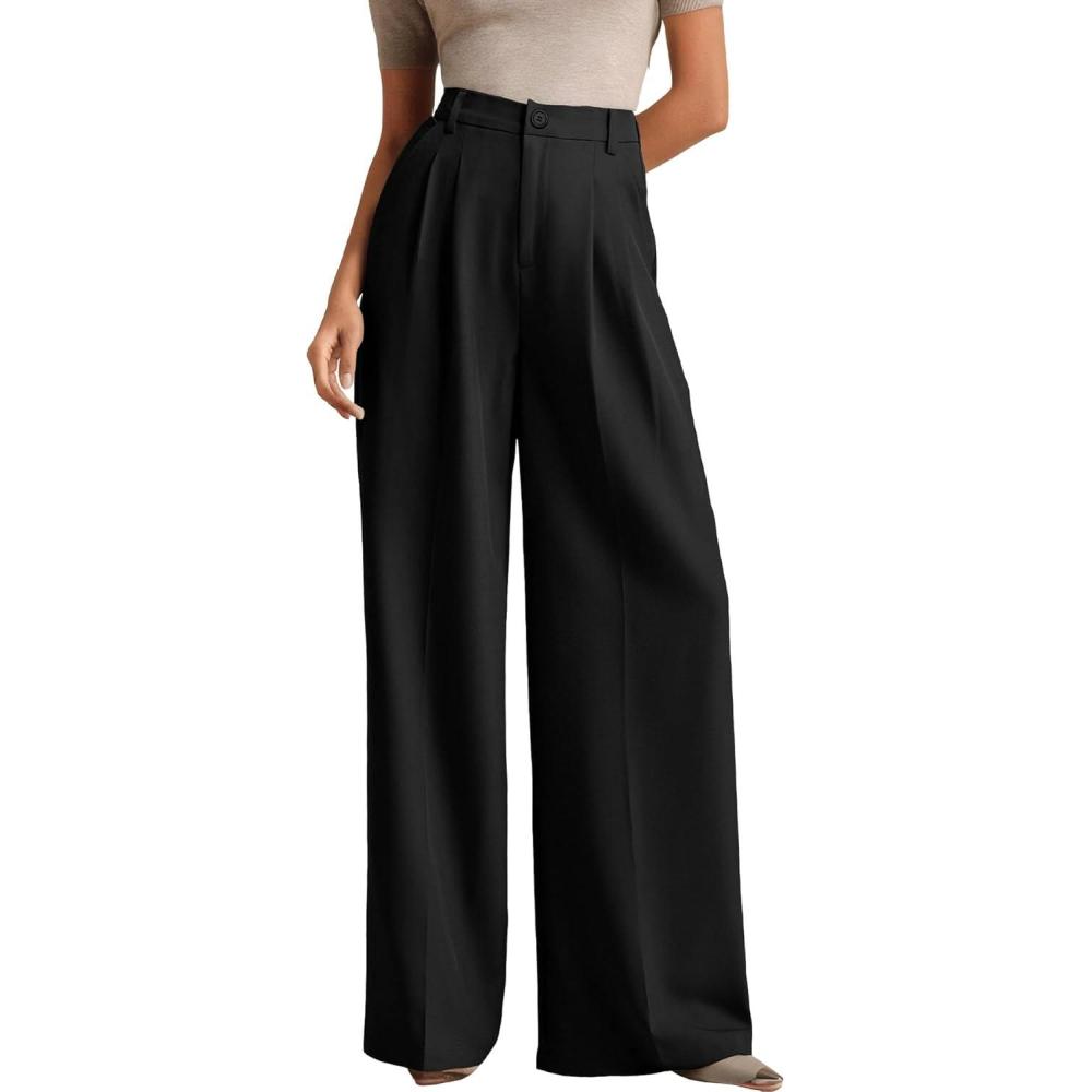 image:imageELLEVEN Womens Business Casual Wide Leg Dress Pants High Elastic Waisted Trousers with PocketsBlack