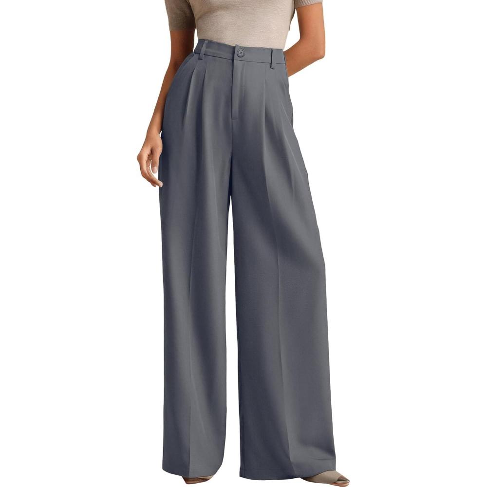 image:imageELLEVEN Womens Business Casual Wide Leg Dress Pants High Elastic Waisted Trousers with PocketsGrey
