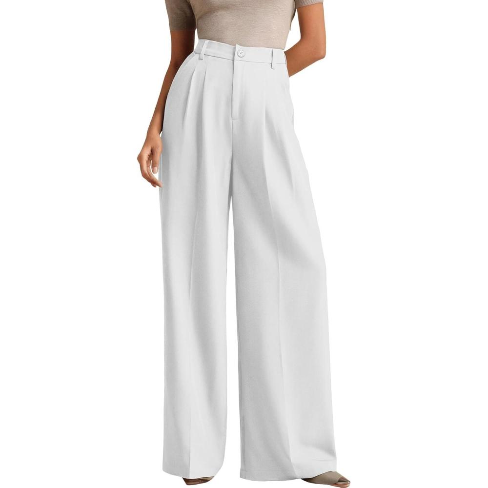 image:imageELLEVEN Womens Business Casual Wide Leg Dress Pants High Elastic Waisted Trousers with PocketsWhite