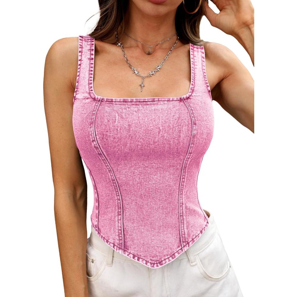 image:imageELLEVEN Womens Denim Corset Tank Top High Stretch Sleeveless Jean Vest Top Zip Up Back Y2k Going Out OutfitsHot Pink