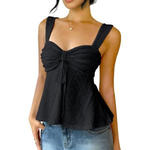 ELLEVEN Babydoll Tank Tops for Women, Sleeveless Flowy Ruffle Tie Front Casual Trendy Cute Y2k Summer Going Out Tops(Black)