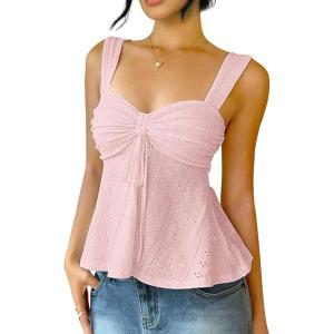 ELLEVEN Babydoll Tank Tops for Women, Sleeveless Flowy Ruffle Tie Front Casual Trendy Cute Y2k Summer Going Out Tops(Pink)