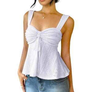 ELLEVEN Babydoll Tank Tops for Women, Sleeveless Flowy Ruffle Tie Front Casual Trendy Cute Y2k Summer Going Out Tops(White)