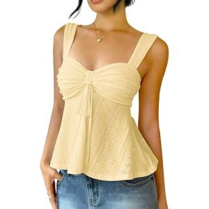 ELLEVEN Babydoll Tank Tops for Women, Sleeveless Flowy Ruffle Tie Front Casual Trendy Cute Y2k Summer Going Out Tops(Yellow)