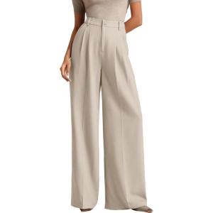 ELLEVEN Women’s Business Casual Wide Leg Dress Pants, High Elastic Waisted Trousers with Pockets(Apricot)